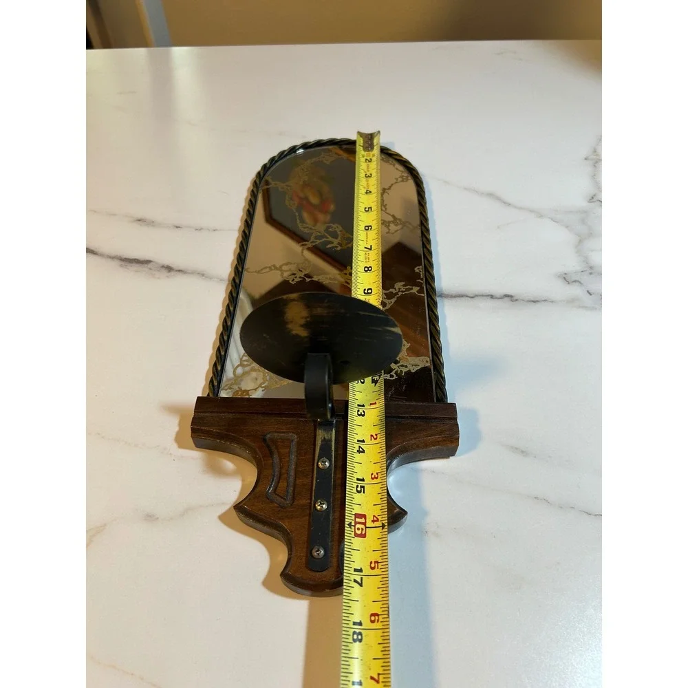 Vintage Wood Mirror Wall Sconce Candle Holder Amber Hobnail Glass Peg Votive